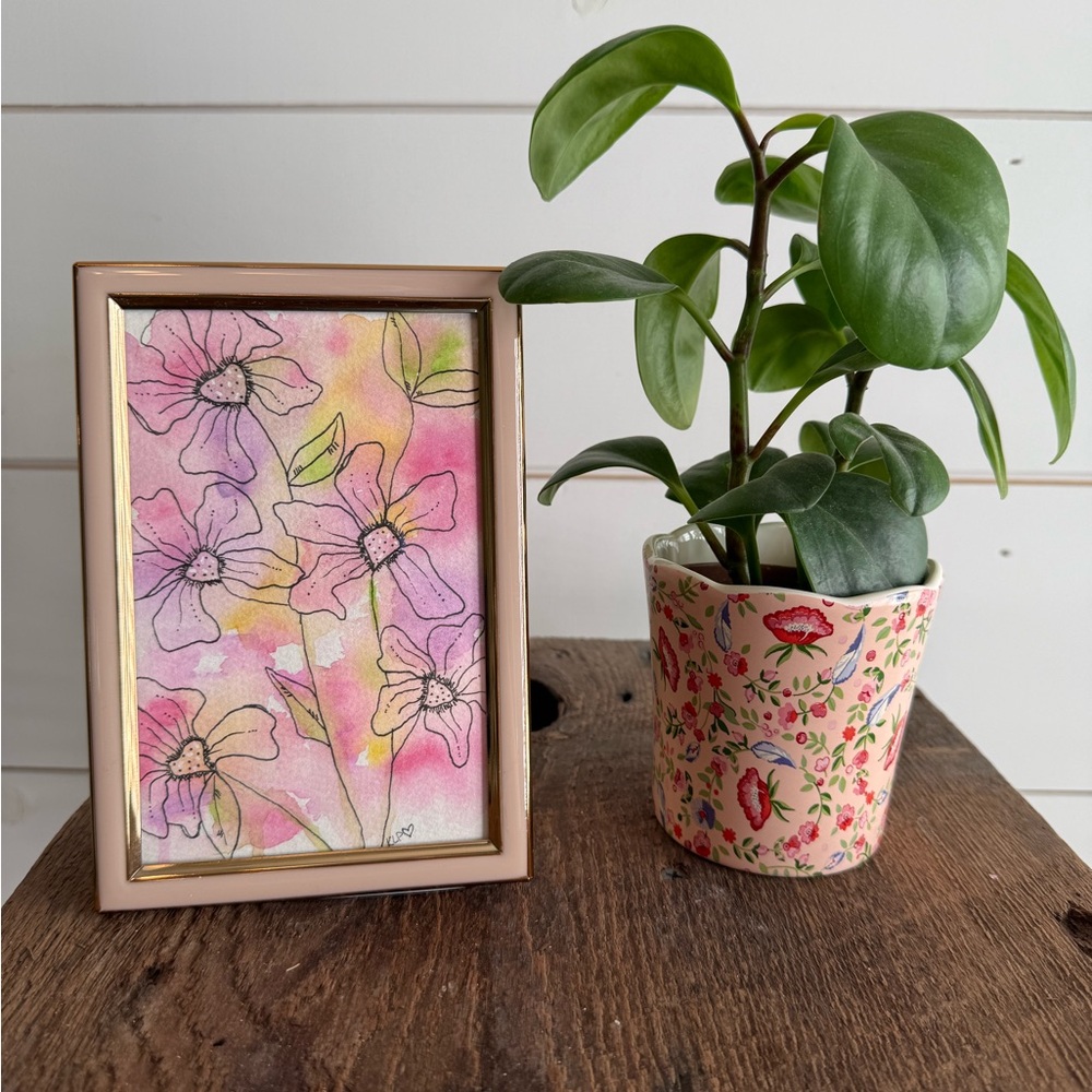 Watercolor original 4x6 floral in pink frame - Picture 1 of 5